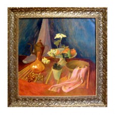 Original Oil on Linen Canvas Still Life with Coffee Pot and Flowers by artist Isabelle Birgan Lebedeff