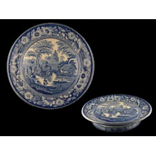 Flow Blue Scenic Footed Plate with Floral Border
