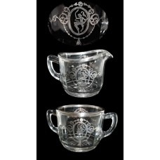 Vintage Sterling Silver Overlay on Clear Glass Cream & Sugar Set with Figural Cameo Medallion