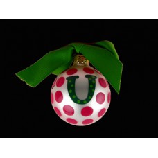 Vintage Coton Pottery Hand Painted Red Polka Dots Holiday Ornament with Green Ribbon Bow
