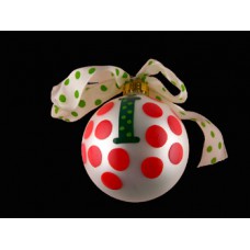 Coton Pottery Hand Painted Green "i" Initial and Red Polka Dots Holiday Ornament with Bow