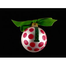 Vintage Coton Pottery Hand Painted Green "l" Initial and Red Polka Dot Holiday Ornament with Ribbon Bow