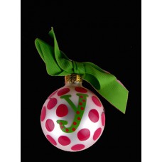 Coton Pottery Hand Painted Lime Green "y" with Red  Polka Dots Holiday Ornament with Ribbon