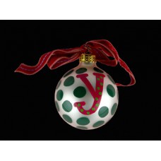 Coton Pottery Hand Painted Red Initial and Green Polka Dot Holiday Ornament