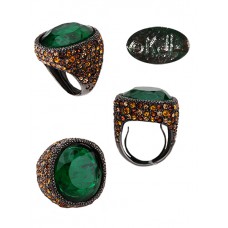 Vintage Kenneth Jay Lane Gunmetal Huge Faceted Emerald Green Crystal Cocktail Ring 