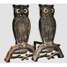 Antique Cast Iron American Arts & Crafts Figural Owl Andirons with Original Amber Glass Eyes 